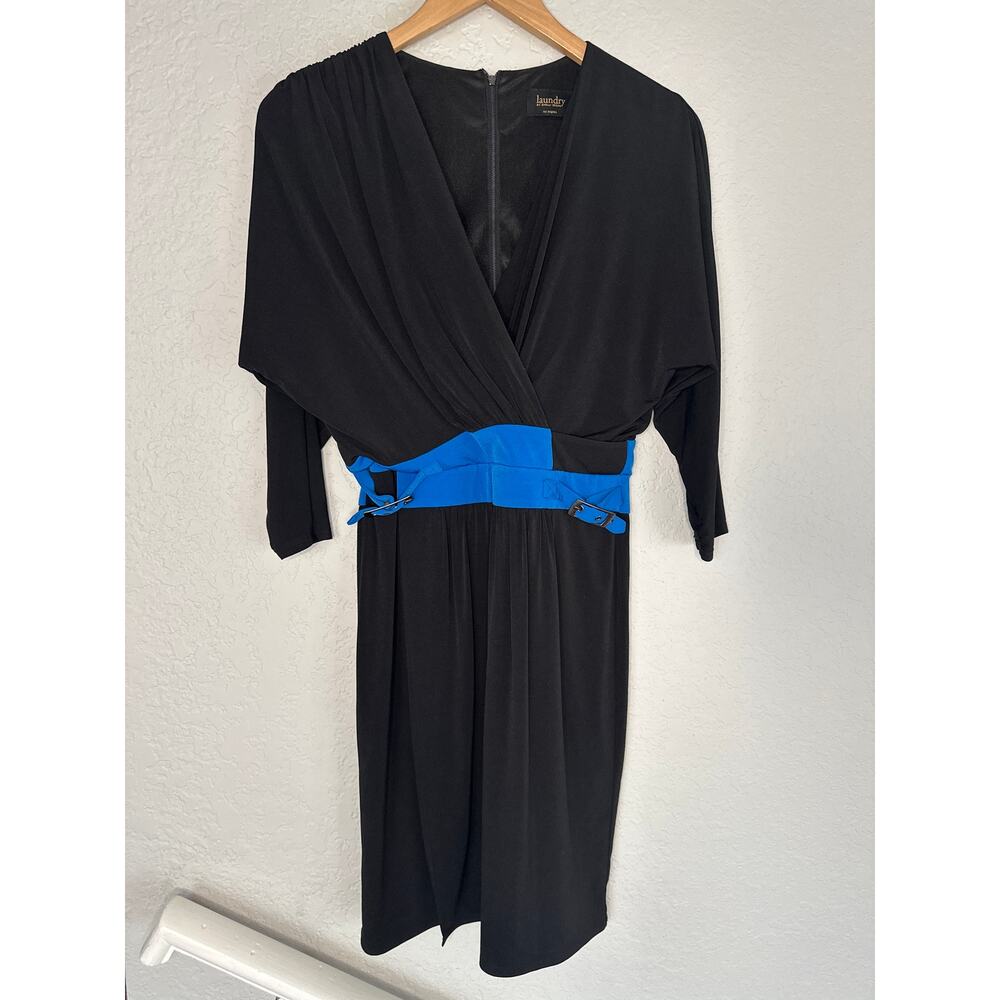 Laundry by Shelli Segal Black Jersey Wrap Dress Blue Buckles Office Siren 80s